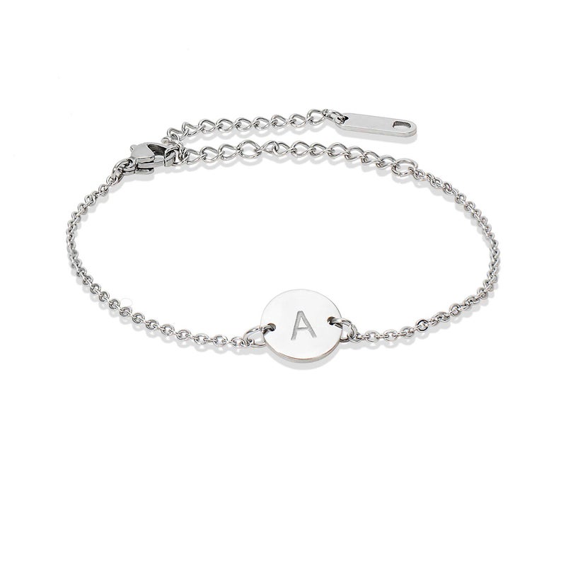 Glimmerst Stainless Steel Initial Bracelet Delicate Coin Letter A Bracelet Dainty Small Disc Name Bracelet Personalized Monogram Charm Bracelet for Women - Image 1
